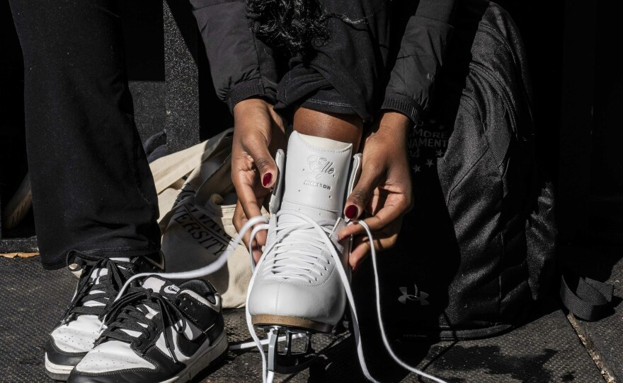 Toni Smith of Howard University's figure skating team prepares to practice at Canal Park Ice Rink in Washington, D.C.