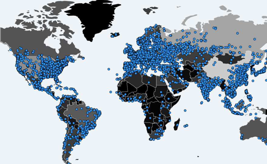 A world map shows where computers were infected by WannaCrypt ransomware since Sunday, as recorded by MalwareTech.com.
