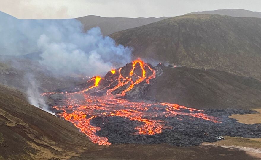 Lava flows Saturday from the Fagradalsfjall volcano on Iceland's Reykjanes Peninsula. The long-dormant volcano erupted Friday evening.