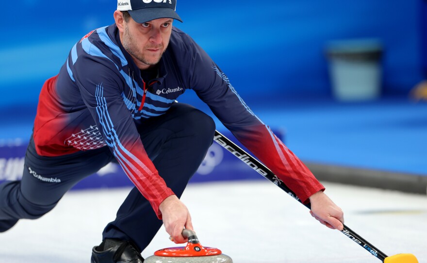John Shuster competes against Team Norway during the men's round robin curling session at the Beijing 2022 Winter Olympic Games.