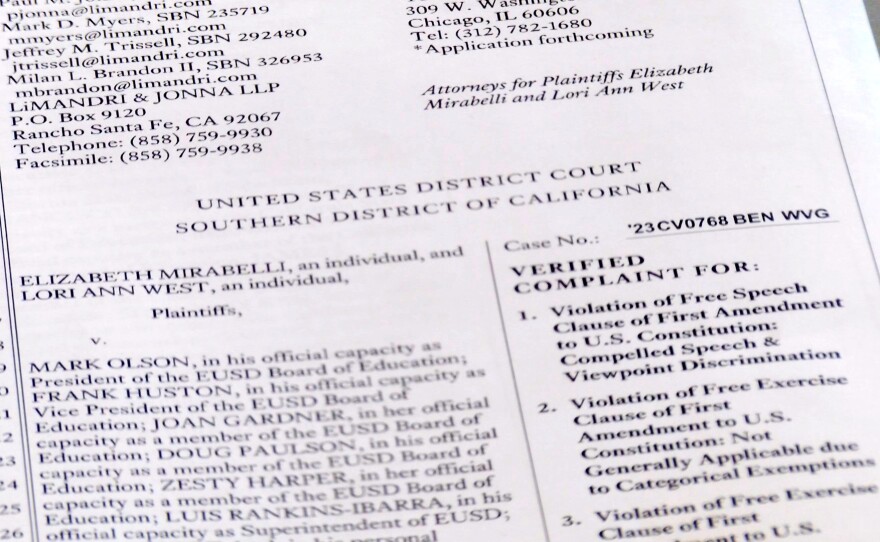 A photo of the lawsuit filed by two teachers against the Escondido Union School District's policy to refer to students by their preferred pronouns and not to disclose their gender identities to their parents without their permission, May 30, 2023.