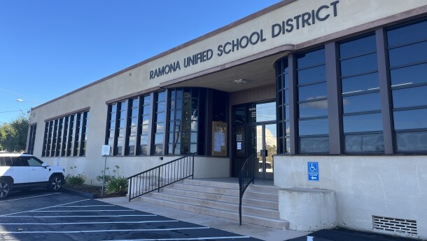 A car is parked in front of Ramona Unified School District headquarters, Nov. 19, 2025.