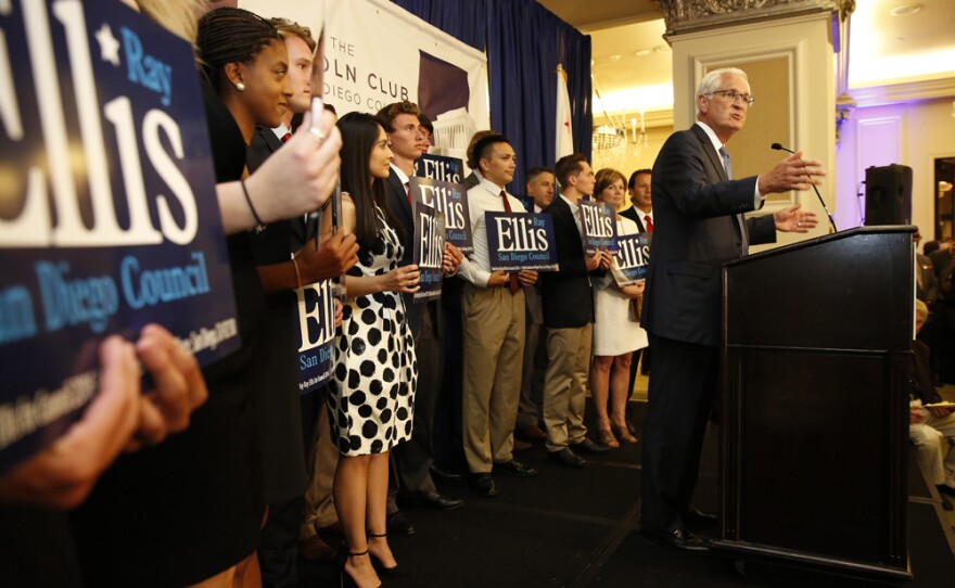 Ray Ellis speaks at the U.S. Grant, June 7, 2016. Ellis will face Barbara Bry in a November runoff to represent District 1 on the San Diego City Council.