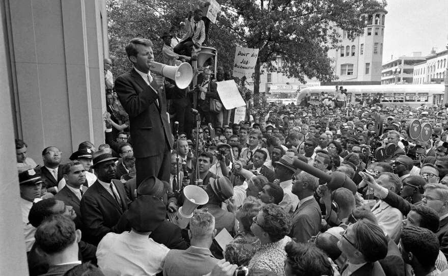 U.S. Attorney General Robert Kennedy delivers a speech during a civil rights demonstration on June 30, 1963, in Washington, D.C.