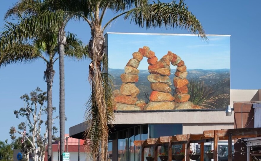 Roman de Salvo's 2019 mural, "McCairn," is shown installed in La Jolla. The mural has been removed, and de Salvo has salvaged and repurposed it into new works of art, to be shown at Two Rooms Sept. 15 through Oct. 19, 2024.