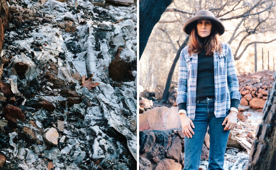 Left: On Linda Rappoport's property, the glass liquefied and flowed like a river, before solidifying again. Right: Rappoport lives behind the Rock Store. The house she had just finished remodeling two days before the fire burned to the ground. Another smaller front house was left standing. She was sleeping when the evacuation orders were announced and awoke to the fire surrounding her property.