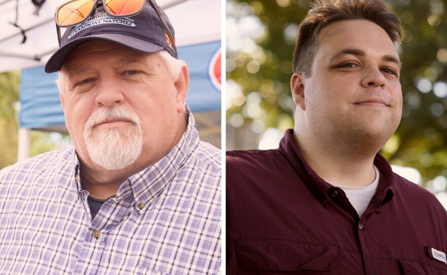 Kevin Dupree and Kelby Daigle, Chairman of St. Martin Parish Republican Party, pose for a portrait at the Breaux Bridge Crawfish Festival on May 2, 2026.