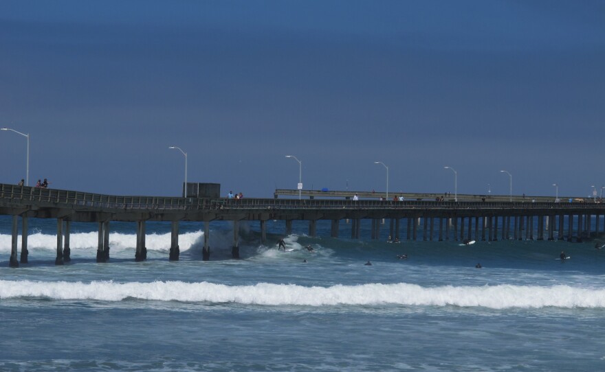 High surf buffets the recently repaired pier in Ocean Beach on July 19, 2022.