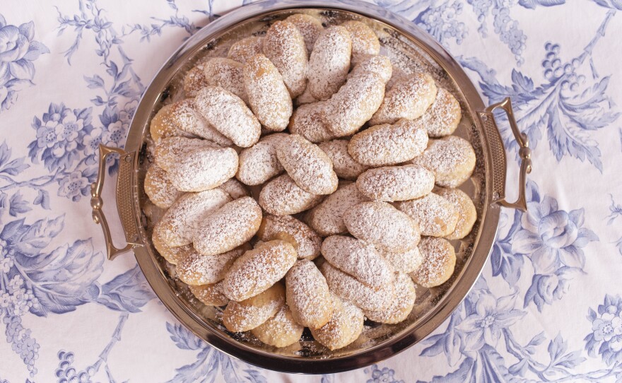 <em>Maamoul</em> stacked on a platter in the way Attar's mother typically serves them.