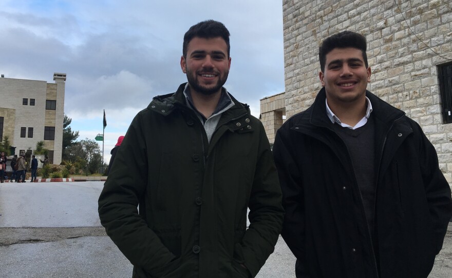 Mohamed Abed, 19, a finance major (left), and Basel Nader, 19, say there will never be two states with Trump. "If Israel recognizes Palestine's right to exist, I will recognize theirs," Abed says.