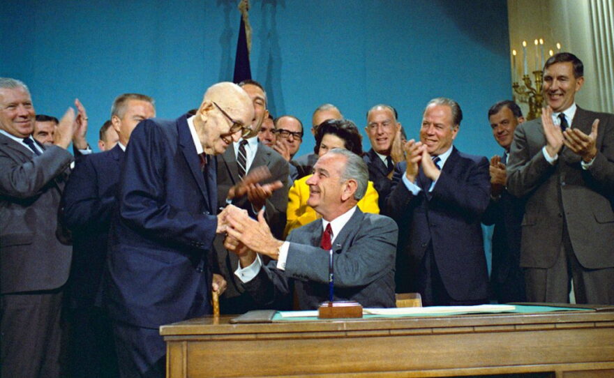 President Lyndon B. Johnson shakes hands with Arizona Sen. Carl Hayden after signing the Central Arizona Project into law on Sept. 20, 1968. Congressman Mo Udall stands on the far right. He said he was "as sure as anything in this life" there would be augmentation to bring more water to the canal system. Decades later, those augmentation projects never materialized.