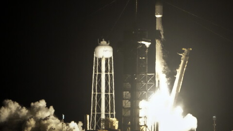 A SpaceX Falcon 9 rocket lifts off from pad 39A with a payload of a pair of lunar landers at the Kennedy Space Center in Cape Canaveral, Fla., Wednesday, Jan. 15, 2025.