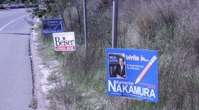 Some campaign signs along a public right of way in San Diego. 