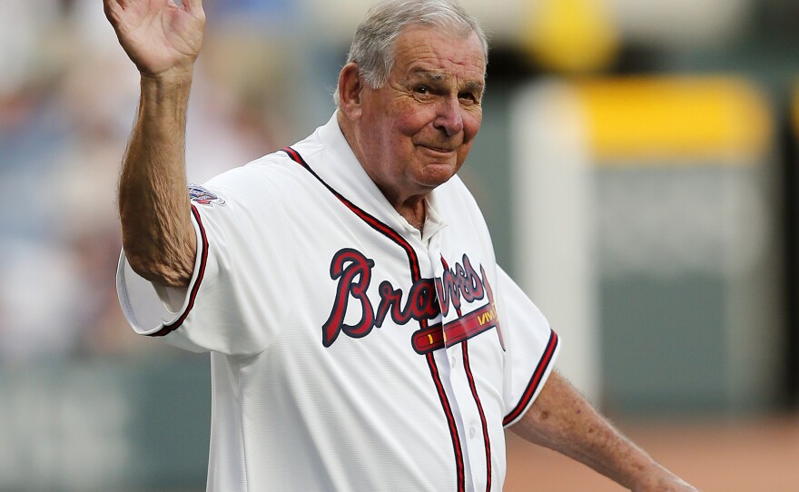 Former Atlanta Braves manager Bobby Cox waves to the crowd as he is introduced at a ceremony to open the Braves' new stadium before a baseball game against the San Diego Padres, April 14, 2017, in Atlanta.