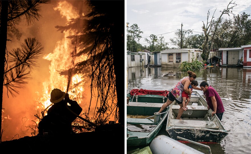 Left: A firefighter with the U.S. Forest Service battles the advancing Caldor Fire on Aug. 28, in Strawberry, Calif. Right: Marlon Maldonado helps his wife and child into a boat to travel to their home after it flooded during Hurricane Ida on Aug. 31, in Barataria, La.