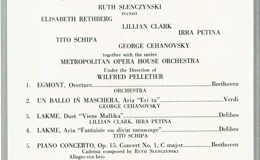 Program for nine-year-old Ruth Slenczynska's performance at the Metropolitan Opera, where she played Beethoven's Piano Concerto No. 1 with her own cadenzas.