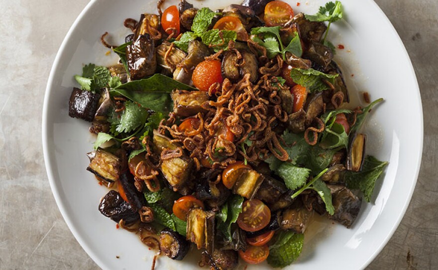 Test cook Dan Souza makes host Bridget Lancaster perfect Crispy Thai Eggplant Salad.
