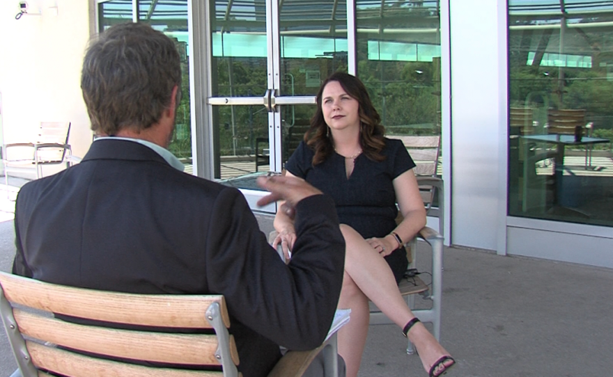 San Diego city planner Nancy Graham speaks to reporter on the veranda of the Mission Valley Library, June 30, 2017.