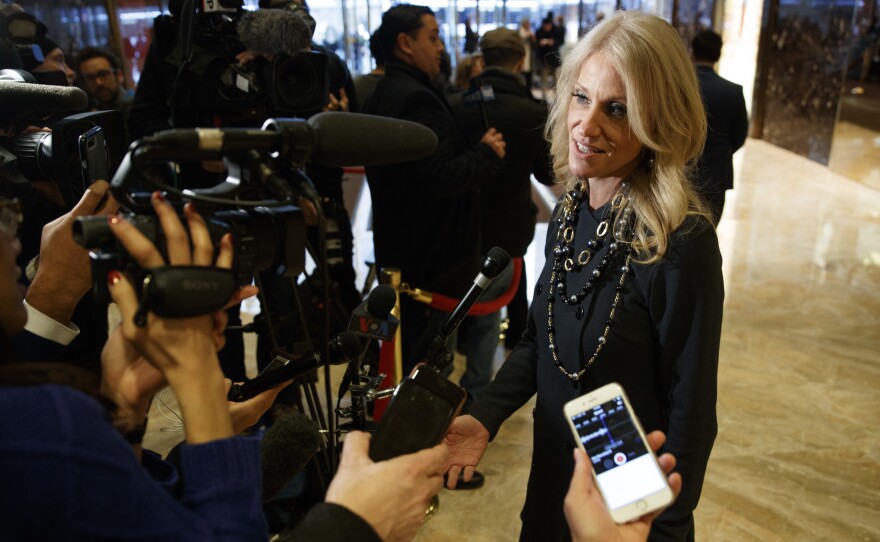 Kellyanne Conway, campaign manager for President-elect Donald Trump, speaks with reporters in the lobby of Trump Tower in New York last week.