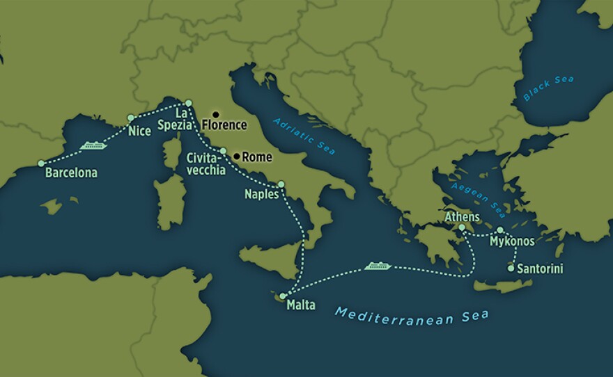 Map of Rick Steves' Mediterranean stops.