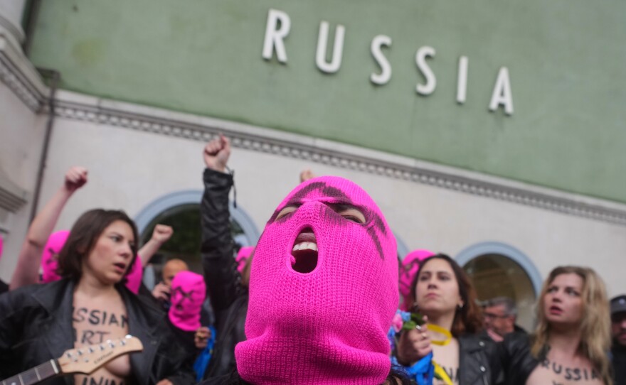 Pussy Riot and FEMEN activists protest Russia's presence after its absence following the 2022 invasion of Ukraine in front of the Russian pavilion at the 2026 Art Venice Biennale in Venice, Italy, on May 6, 2026.