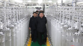 In this photo provided by the North Korean government, its leader Kim Jong Un, front right, visits a new facility to produce nuclear bomb fuels at an undisclosed place in North Korea Wednesday, June 3, 2026. The content of this image is as provided and cannot be independently verified.