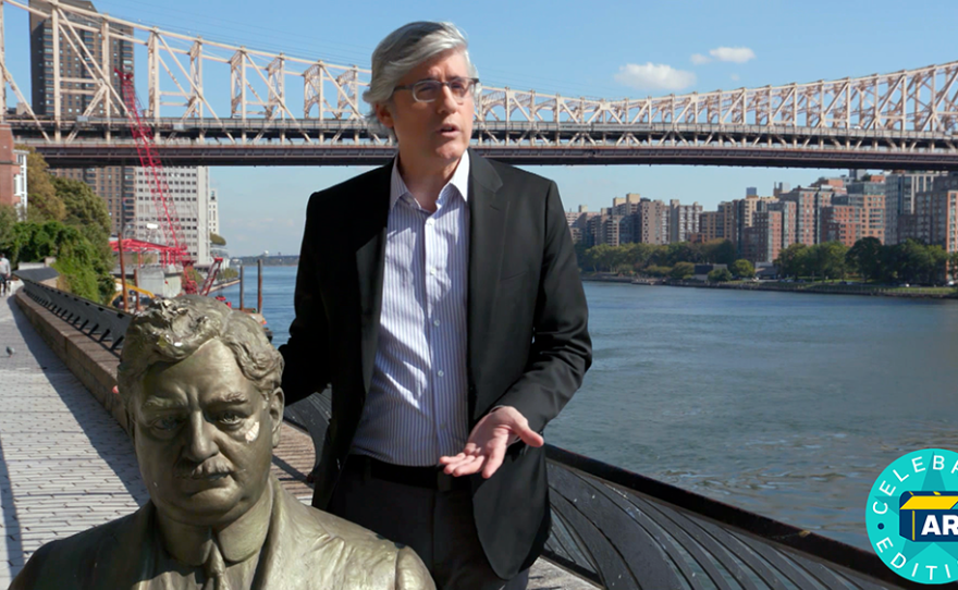 Humorist Mo Rocca gestures to his 1921 "P. S. Abb." painted plaster bust in New York City. ANTIQUES ROADSHOW “Celebrity Edition, Hour 4” premieres Monday, May 24, 2021 at 8/7C p.m. on PBS. 