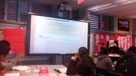 Lynda Lavine leads the students in her Academic Language Development class  at Serra High School in Tierrasanta through a less dissecting an article summary about whether video games help or harm teenagers on Mar. 5, 2013. Her students have spent six or more years in U.S. schools but have yet to pass California's test of English fluency for students learning English as a second language.