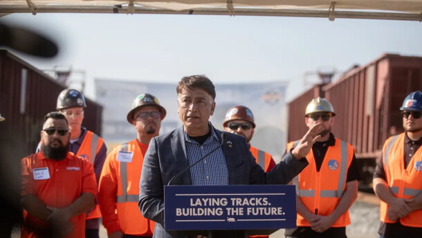 Ian Choudri, CEO of California High Speed Rail, speaks during a press conference on the high-speed rail project at the Wasco Rail Yard facility in Wasco on Feb. 3, 2026.