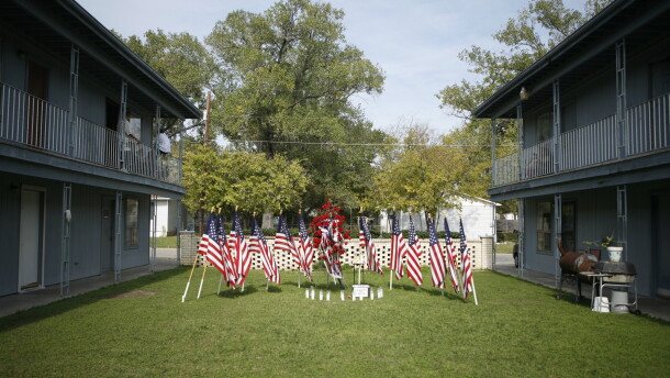 A memorial to the victims of the Fort Hood shooting, pictured in November 2009, outside the apartment complex where Hasan lived.