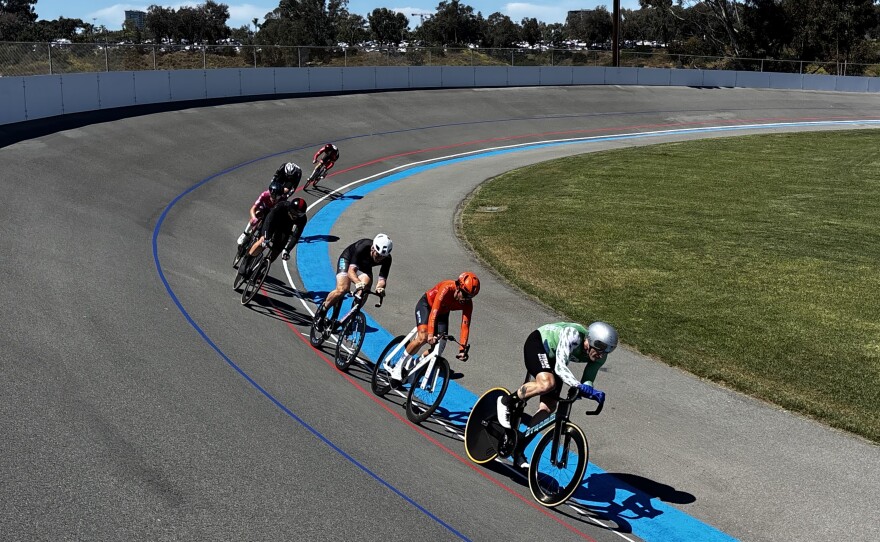 Cyclists compete in a USA Cycling-sanctioned race at the San Diego Velodrome on April 4, 2026.