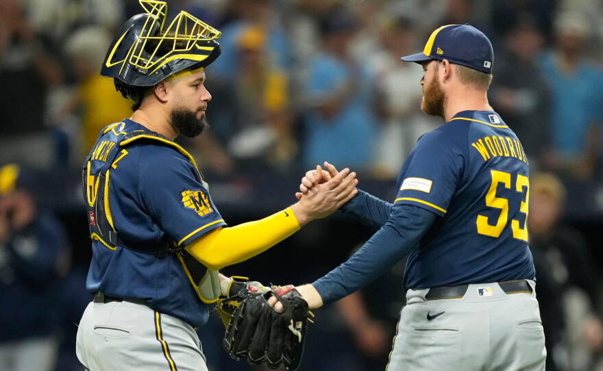 Milwaukee Brewers pitcher Brandon Woodruff celebrates their win with catcher Gary Sánchez in Game 3 of baseball's World Series, Monday, Oct. 26, 2026, in St. Petersburg, Fla., between the Milwaukee Brewers and the Tampa Bay Rays.