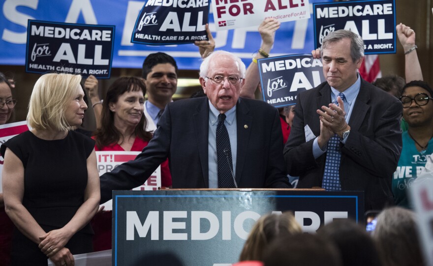 Sens. Kirsten Gillibrand, Bernie Sanders and Jeff Merkley hold an event to introduce the "Medicare for All Act of 2019" near the U.S Capitol in April.