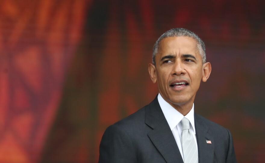 President Barack Obama speaks during the opening ceremony of the Smithsonian National Museum of African American History and Culture on the National Mall in Washington on Saturday.