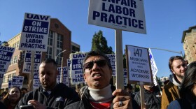 Martin Lopez, 57, a hotel employee and Unite Here Local 11 union member, attended the demonstration to support academic workers, he says. Hundreds of UC academic workers picketed for the 5th straight week at UCLA in Los Angeles on Dec. 14, 2022. The demonstration was held near the UCLA Meyer and Renee Luskin Conference Center where the UC Board of Regents were meting. 