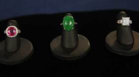 A beautiful collection of circa 1925 ruby, jadeite and diamond rings. The intensely red, approximately 3.5 carat Burmese ruby ring is valued at $15,000. The apple-green jadeite ring, originally a button, is flanked by diamond baguettes and has an estimate of $5,000. The square-cut diamond ring, approximately 3.5 carats, is valued at $40,000 — or $60,000 for the entire collection.