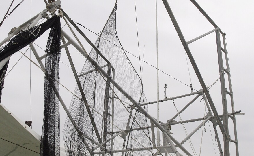 John Berthelot, top, and Hosea Wilson, bottom right, release the nets from their shrimp boat, Monday, May 3, 2010, at the Venice Marina in Venice, La.