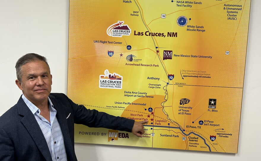 Davin Lopez, president of the local economic development alliance, points to the location of the hyper-scale data center near the New Mexico-Mexico border. "This is by far larger than anything we've ever seen," he says.
