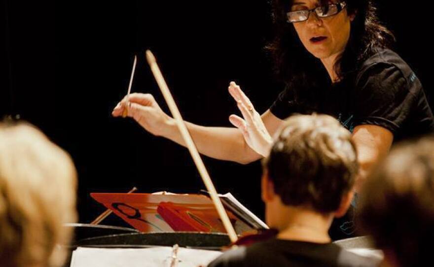 Lisa Pimentel leads her orchestra class at Oakwood Elementary School in North Hollywood, Calif.