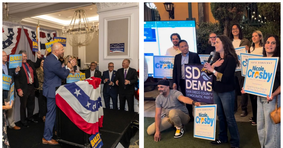 Richard Bailey (left) and Nicole Crosby speaking to supporters at their respective campaign election watch parties on June 2, 2026.