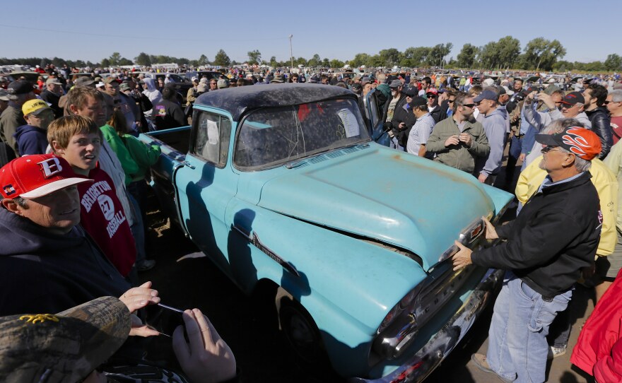 This 1958 Chevy Cameo pickup, with an odometer showing 1.3 miles, was sold at the Lambrecht Chevrolet auction in Pierce Neb., for $140,000 Saturday. The rare truck fetched the top price at the auction of more than 500 vintage vehicles.