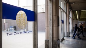 San Diego's seal is shown at the downtown City Administration Building, May 8, 2018.