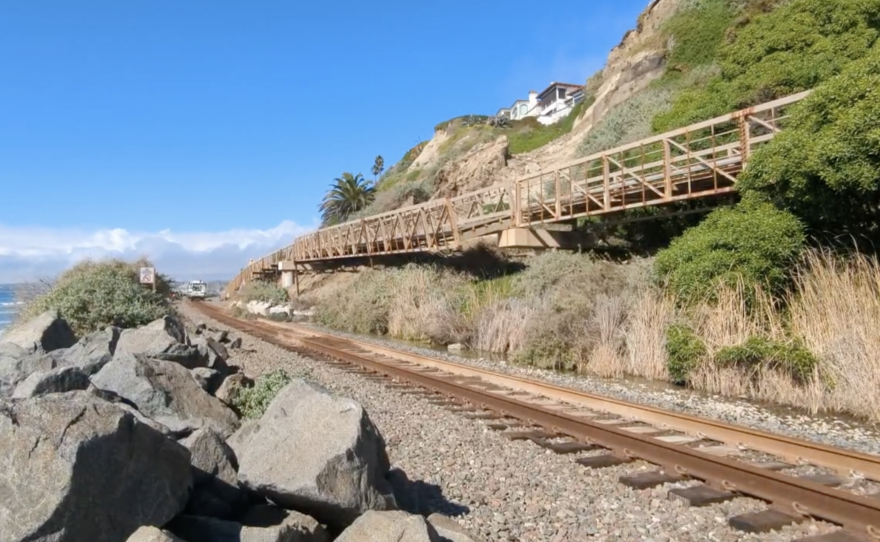 A landslide in San Clemente that has resulted in the suspension or rail service between Oceanside and Orange County, Jan. 25, 2023.