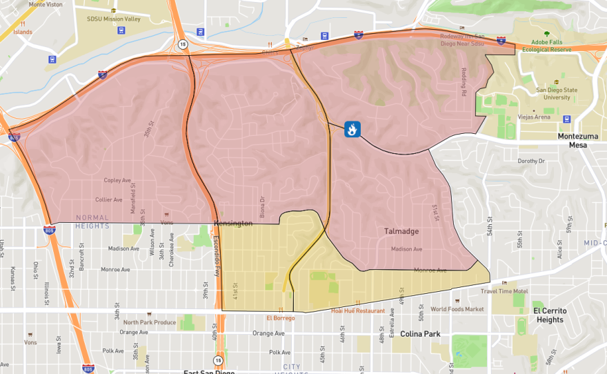 A map of evacuations areas for the Fairmount Fire in San Diego is shown on Oct. 31, 2024. Red areas are under mandatory evacuations orders. Yellow areas are under evacuation warnings.