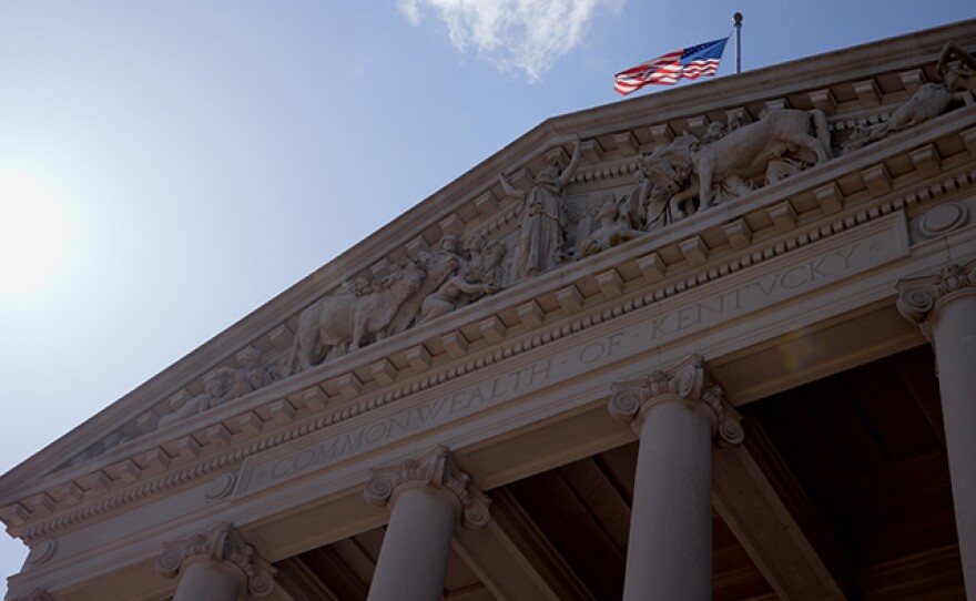 In "The Pension Gamble," FRONTLINE investigates the role of state governments and Wall Street in driving America’s public pensions into a $4-trillion hole. The film goes inside the volatile fight over pensions playing out in Kentucky, and examine the broader consequences for teachers, police, firefighters and other public employees everywhere. This photograph is from footage of the Kentucky State Capitol. 
