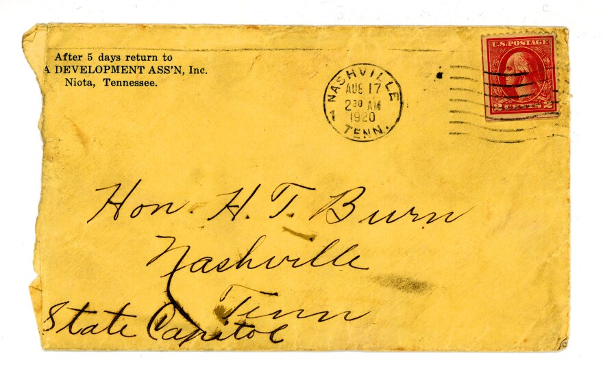 The envelope that contained the <a href="https://cmdc.knoxlib.org/digital/collection/p265301coll8/id/699">letter Febb Burn wrote</a> to her son, Tennessee state Rep. Harry T. Burn, in which she urged him to vote for the 19th Amendment.