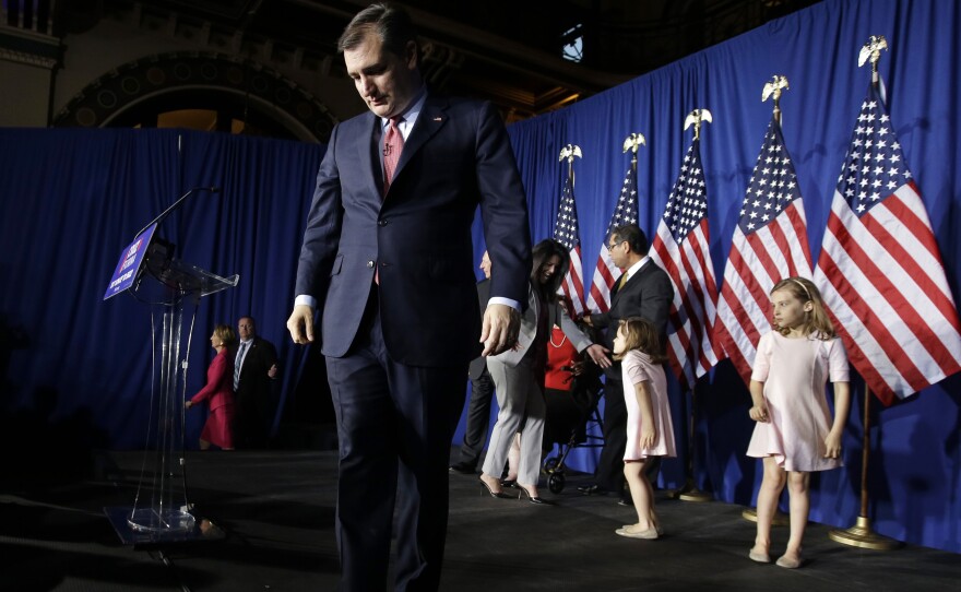 Sen. Ted Cruz, R-Texas, walks off the stage following a primary night campaign event in Indianapolis. Cruz suspended his campaign as results rolled in Tuesday.