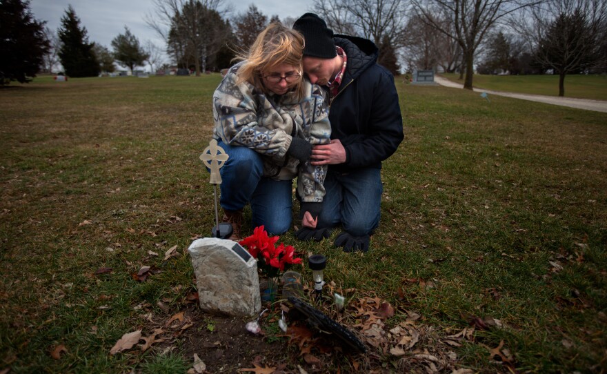 Will Piper and Annette Pacas visit the grave of Annette's son, Alex, at Oak Hill Cemetery in Mount Carroll, Ill. Piper says he hopes to raise money to replace the makeshift, plastic marker with a permanent gravestone.