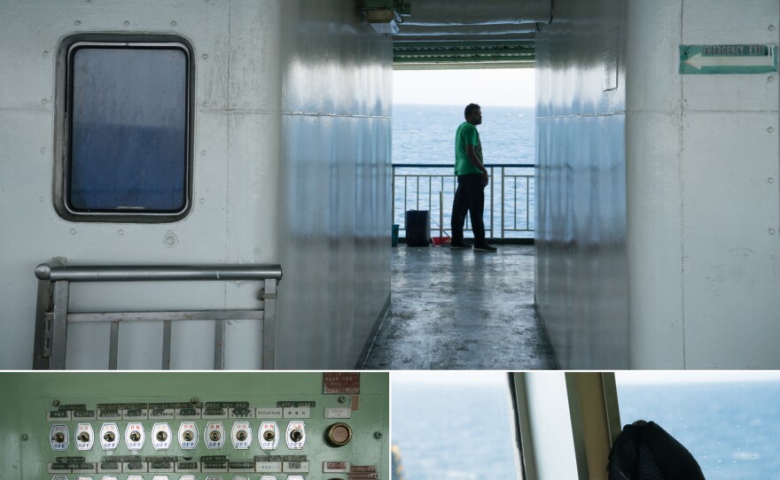 (Clockwise from top) A man looks out across the water; the captain's hat; a control panel inside the ferry, which was built in Japan in 1984.