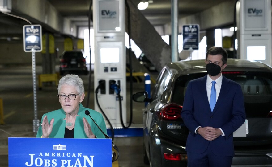 Gina McCarthy, seen here at an April 2021 news conference, was Biden's first national climate adviser. She is stepping down, and her deputy Ali Zaidi is taking on the role.